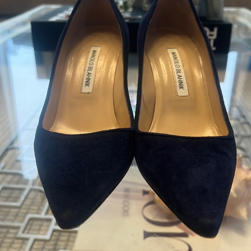 Manolo Blahnik Navy Suede Pointed-Toe Pumps - Picture 3 of 5
